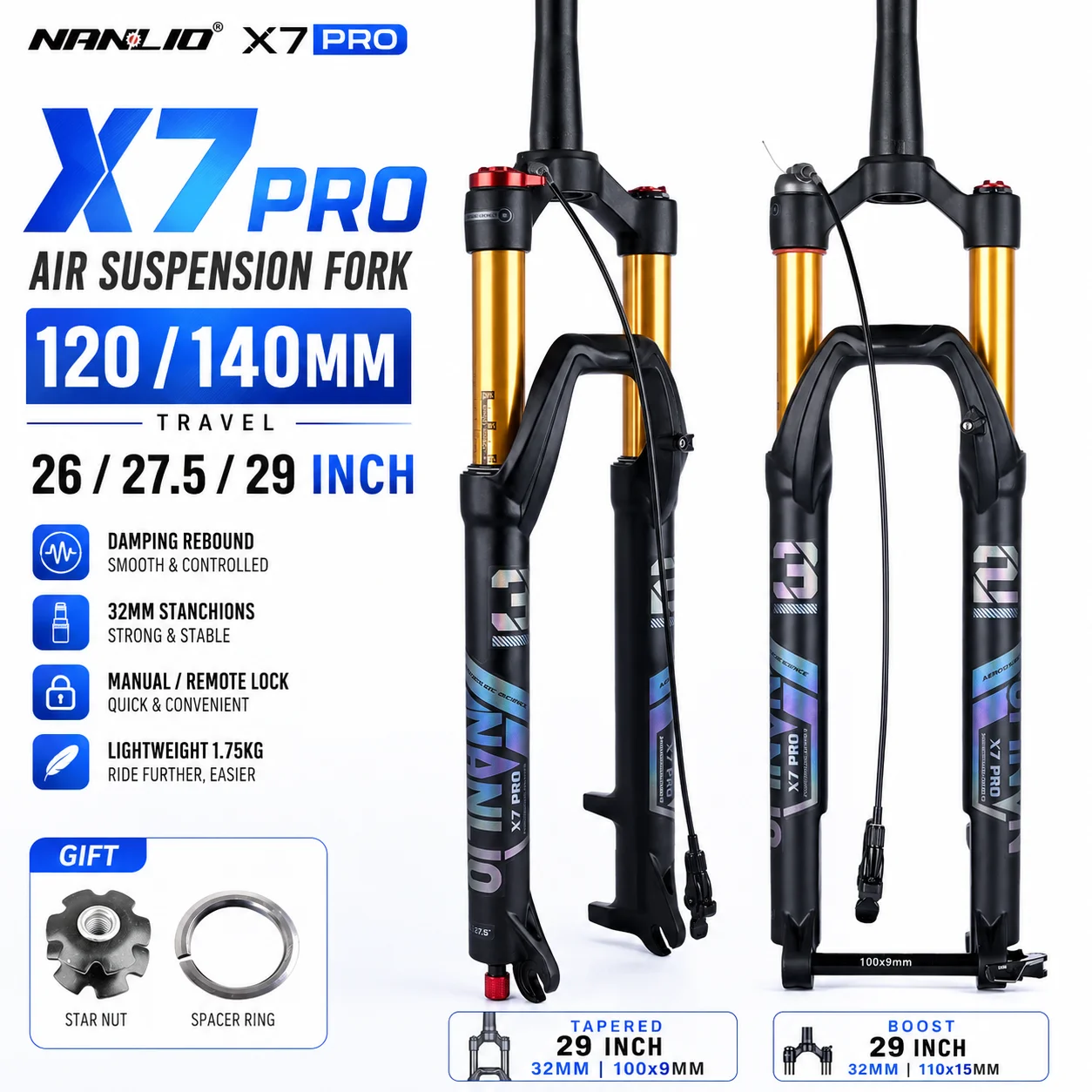 Nanlio X7 PRO MTB Luftfedergabel 120 140mm Federweg 26 27,5 29 Zoll Mountainbike Vordergabel Dämpfung Rebound QR BOOST