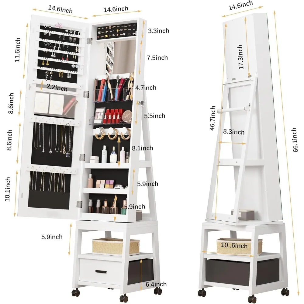 360° Swivel Jewelry Armoire, Floor Standing Locking with Full Length Mirror,Bottom Drawer, Shelf, Wheels