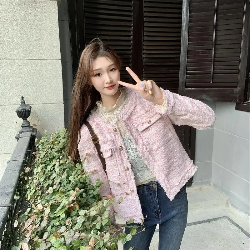 French White Tweed Crop Jacket for Women 2026 Autumn Elegant Slimming Decor Button Coat Woman Round Neck Long Sleeve Outerwear