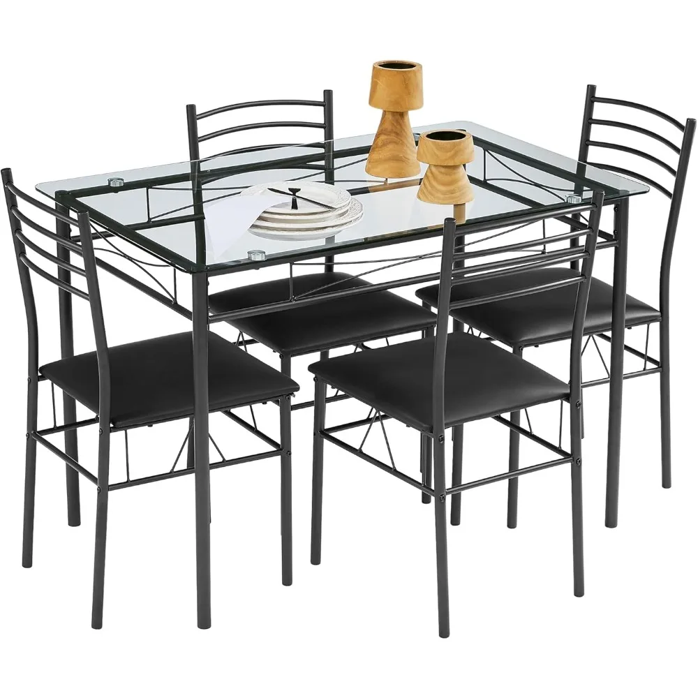 

5-Piece Kitchen Dining Table Set, Glasses Tabletop & Heavy-Duty Metel Frame, Rectangle Dinette with 4 Chairs for Small Space, B