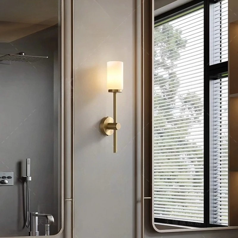 

Moden Gold/black Brass Long Pole Wall Lamp Cylindrical White Glass Light Minimalist Living Room Restaurant Hotel Bedroom Sconces