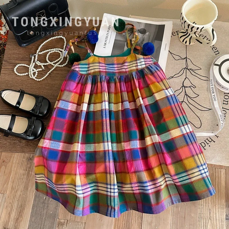 2025 Girls Summer Japanese Versatile Plaid Suspender Princess Dress Baby Foreign Style Suspender Dress