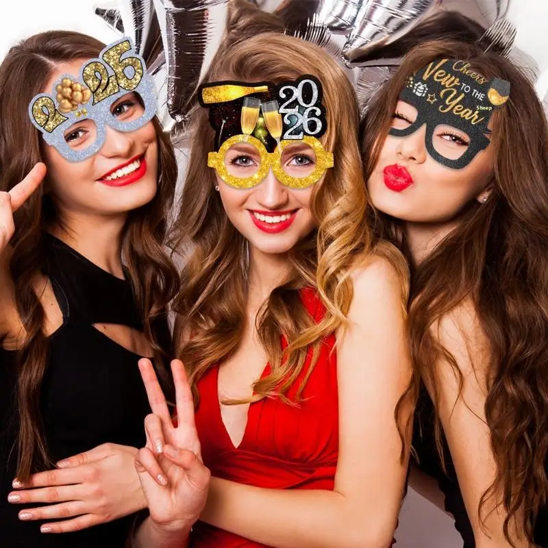 

2026 New Year Black Gold Glasses New Year's Eve Theme Party Decoration Glasses Frame Christmas Gift