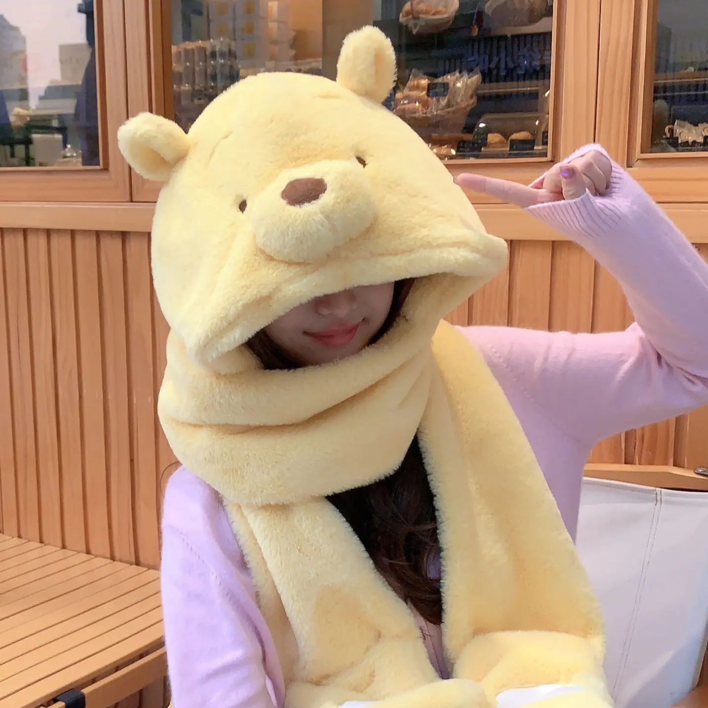 Disney Cute Winnie The Pooh Anime Winter Windproof Hat Scarf Three Piece Set Cartoon Girl Comfortable Plush Warm Scarf