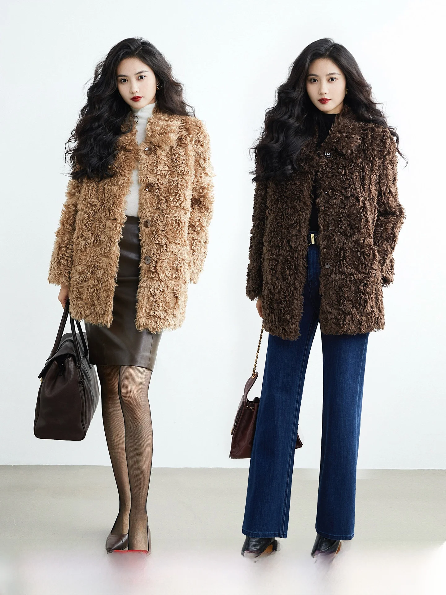 

TAIYANG OFFICE Women's Mid-Length Faux Fur Jaet Lamb's Wool Warmth Eco-friendly Casual Sle Long Sve Button Closure