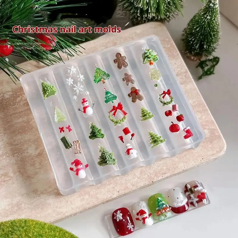 Winter Christmas Snowflake Snowman Wreath Bowknot Nail Art Silicone Carving Mold For Nail Surface Decor