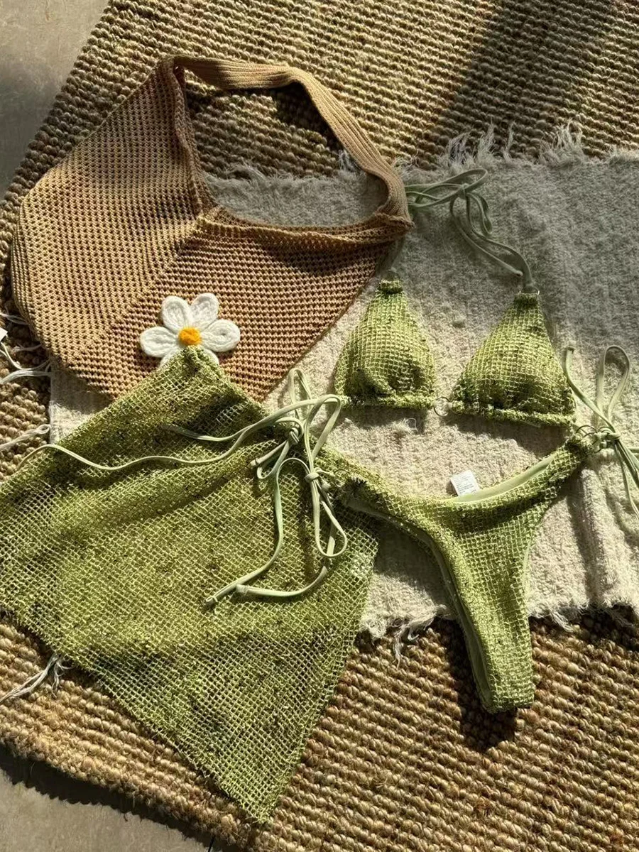 

With Fishnet Sarong Skirt Halter Micro Bikini Women Swimwear Female Swimsuit Three-pieces Bikini Set Bathing Suit Swim Beachwear
