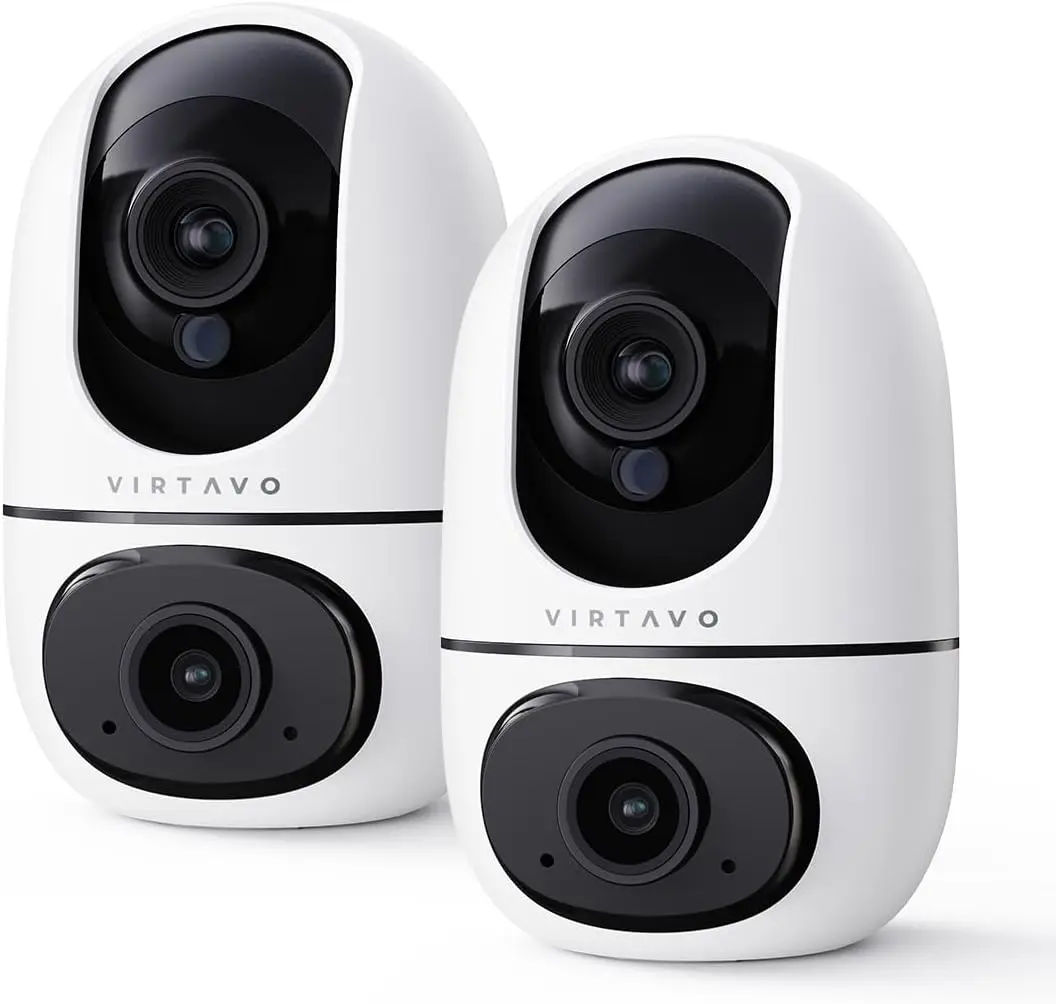 Dual-Lens 360° PTZ Pet & Baby Camera, No Subscription, Motion Tracking, 2-Way Audio, Night Vision, Cloud/SD, 2-Pack
