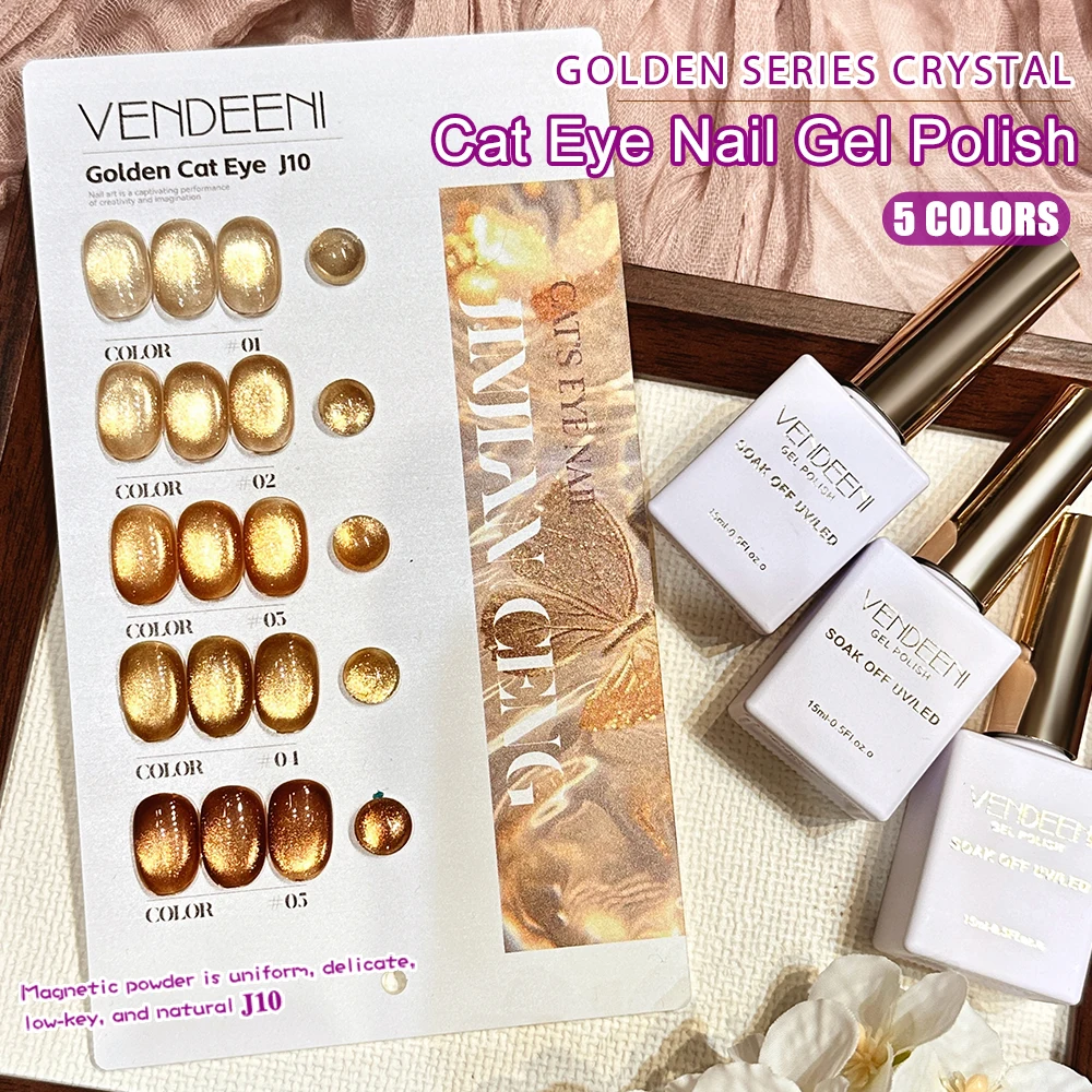 

Vendeeni 5 Colors/set Pure Golden Crystal Cat Eye Gel Nail Polish UV LED Transparent Magnetic Nail Varnish With Color Card