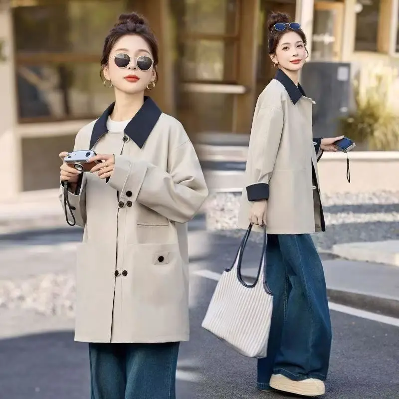 Trench Coat Women's Medium and Long 2026 Spring and Autumn New High-end Design Sense Casual Color Contrasting Splicing Jacket