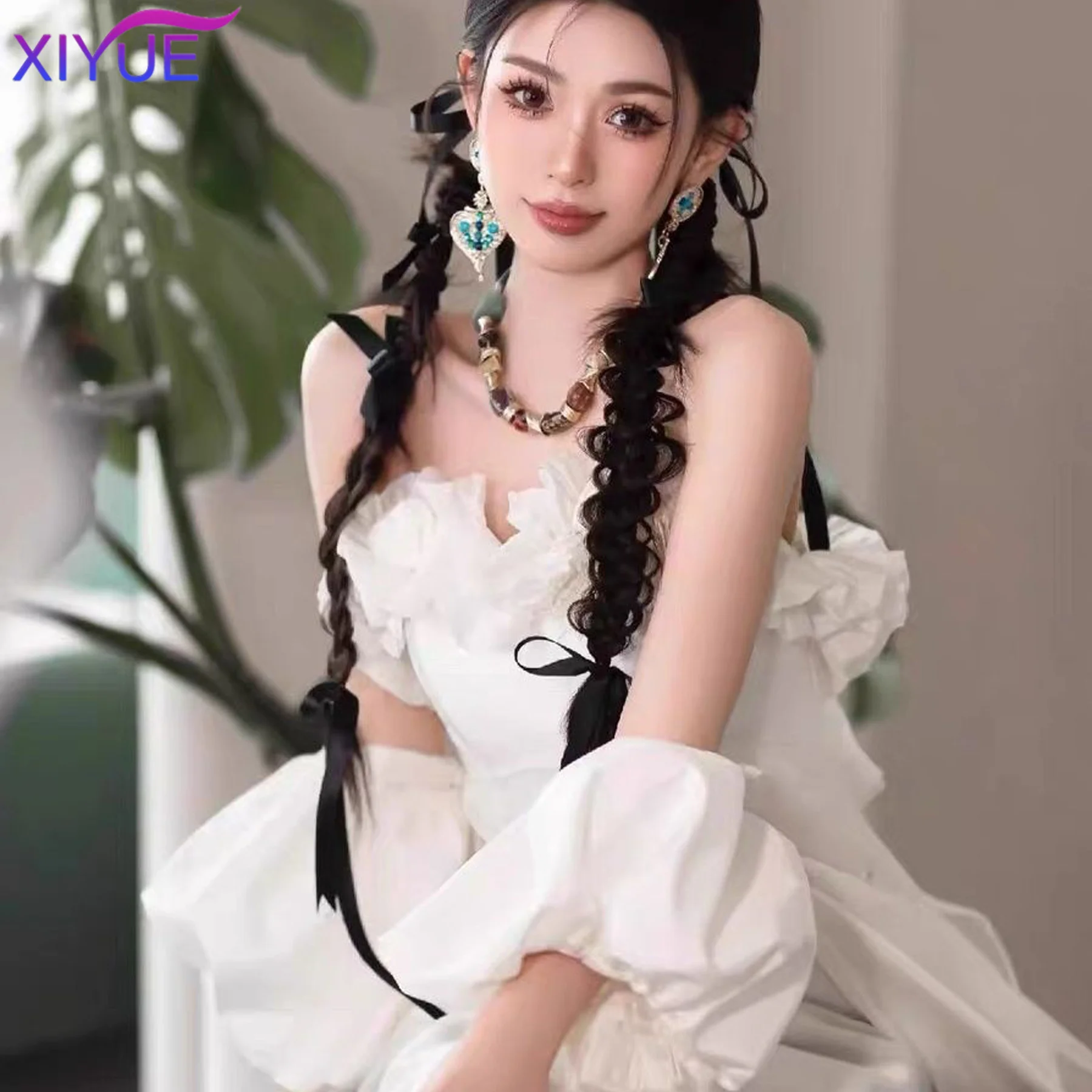 2pc Synthetic Braided Twist Braids ponytail Hair Extension Black Natural Wig Long Ponytail Hair Band Rubber Band Women's Wig