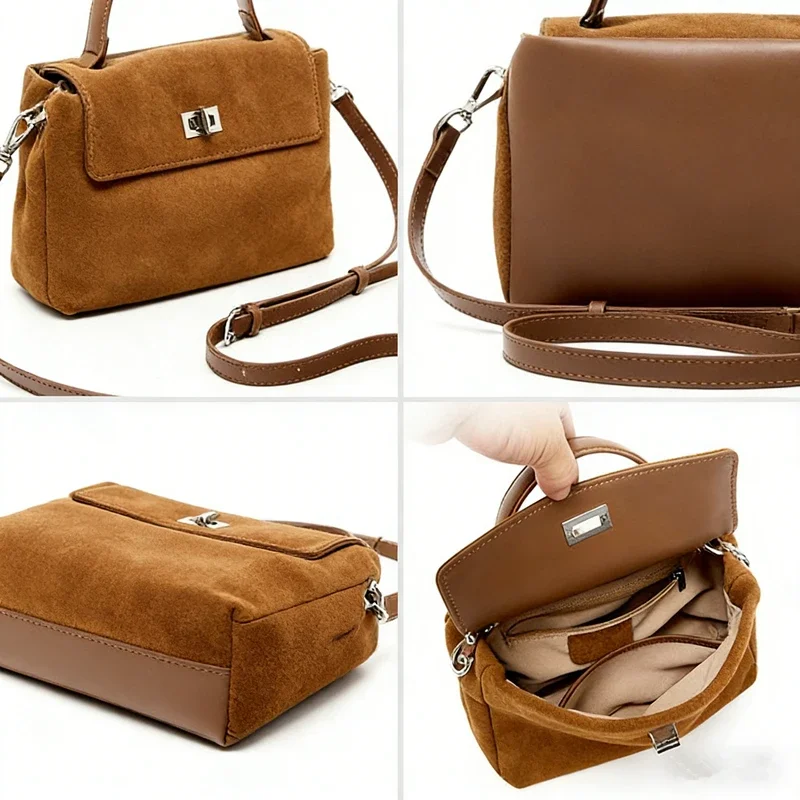 TOPTRENDS Small Genuine Leather Suede Crossbody Bag Women Vintage Cowhide Lock Satchel Bag Office Work Shoulder Luxury Handbags