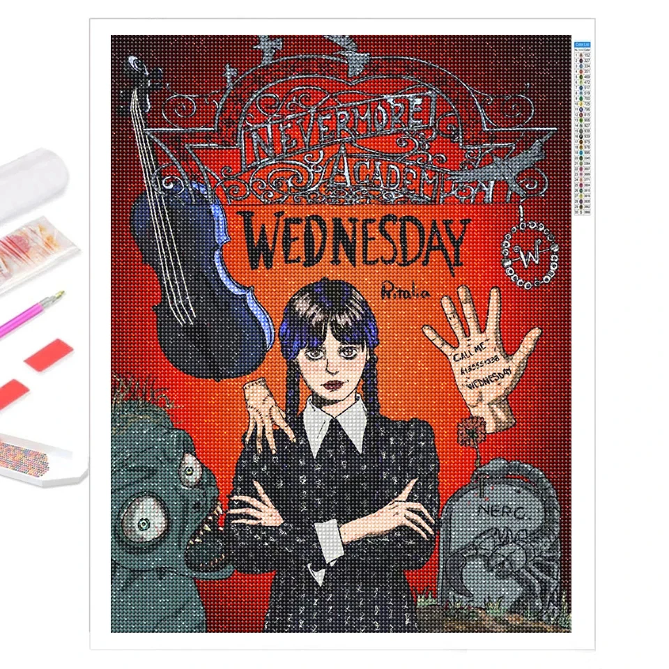 AB Drill Diamond Painting Wednesday Addams Family Full Mosaic Cross Stitch Kits Rhinestone Picture Embroidery Home Decoration