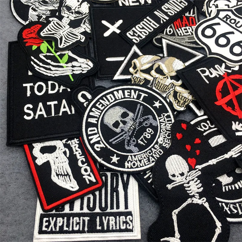 50pcs/lot Punk Patches on Clothes Embroidered DIY Iron on Patches for Clothing Jacket Jeans Stickers Black White Appliques