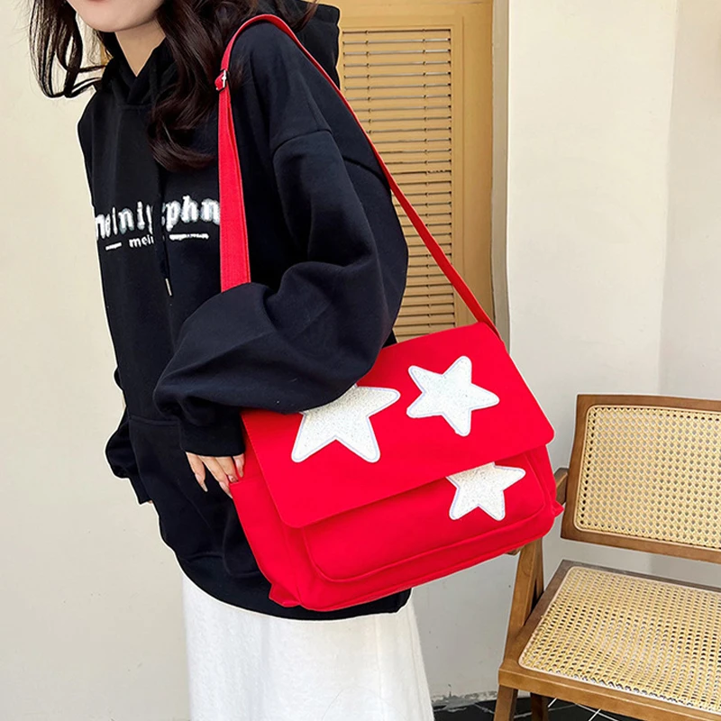 

Women Star Pattern Y2K Messenger Bag Casual Tote Lady Simple Large Capacity Shoulder Bag Girl Travel School Bookbag Handbag New