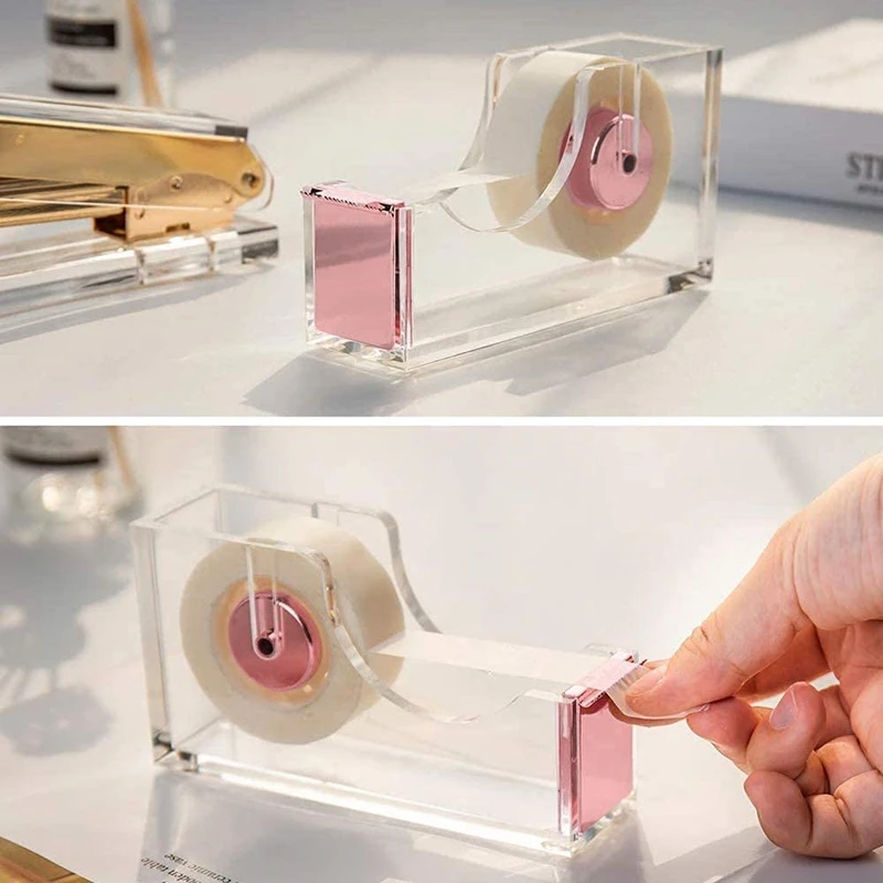 Dispenser di nastro, Dispenser di nastro da scrivania Dispenser di nastro acrilico trasparente per scuola, casa e ufficio-oro rosa