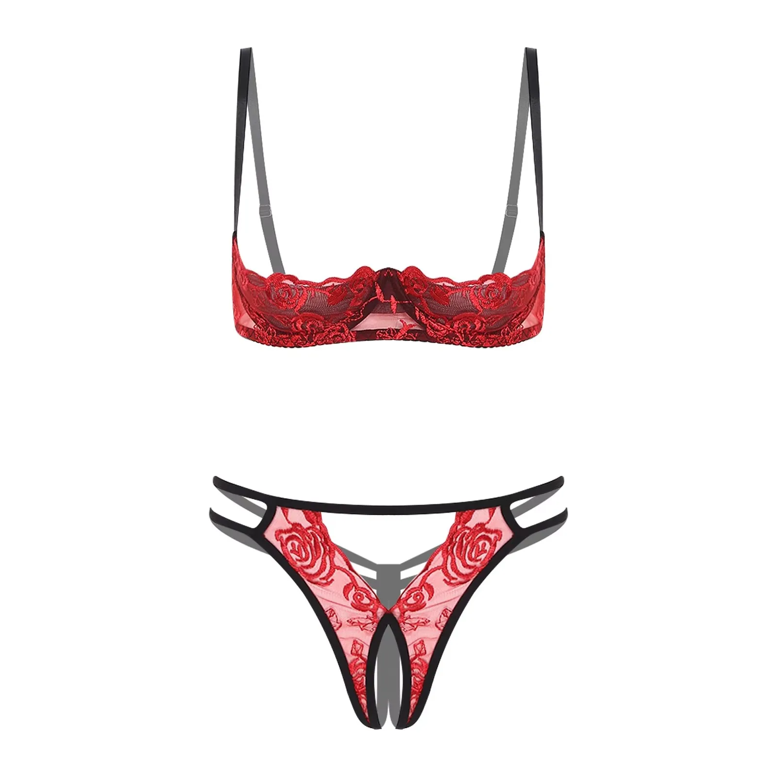

Womens Lingerie Bare Exposed Open Nipples Bra Underwear Set Floral Lace Brassiere 1/4 Cup Underwire Push-up Bralette Balconette