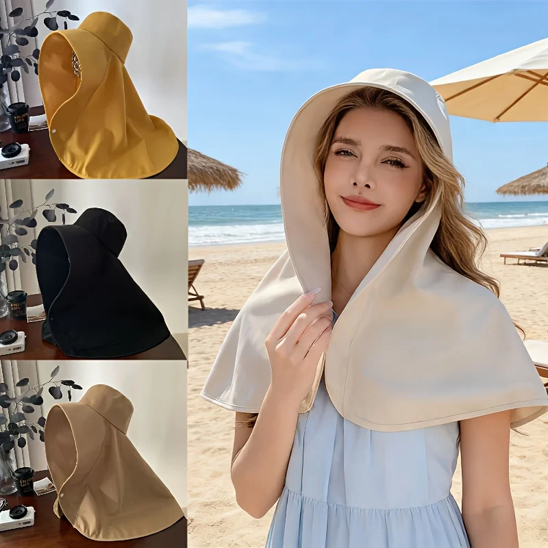 Wide-brimmed cape, sun hat for women, neck protector and face shield, bucket hat with ponytail design, suitable for beach