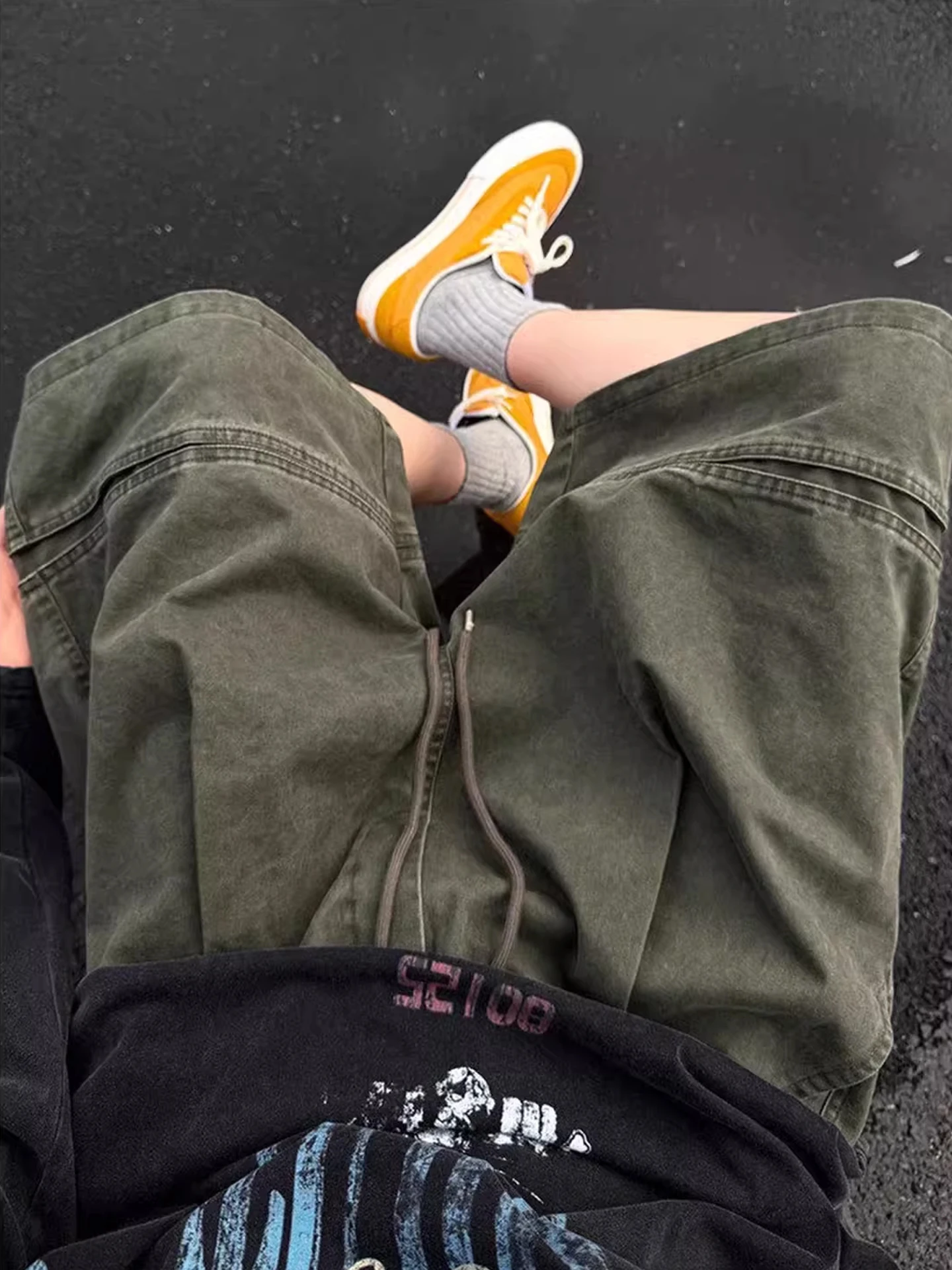 American Retro Military Green Workwear Shorts Men Summer Loose Wide Leg Five-Quarter High Street Casual Mid-Pants