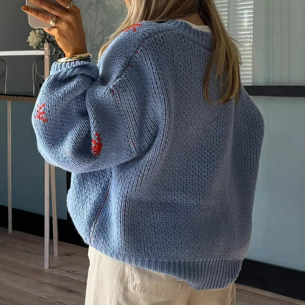 2025, Herbst- und Wintermode, neues Rundhals-Langarm-Strickhemd für Damen in mittlerer Länge