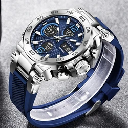 LIGE FOXBOX Sports Mens Watches Waterproof Dual Display Quartz Wristwatch Chronograph Alarm Date Week Watch Man Silicone Strap