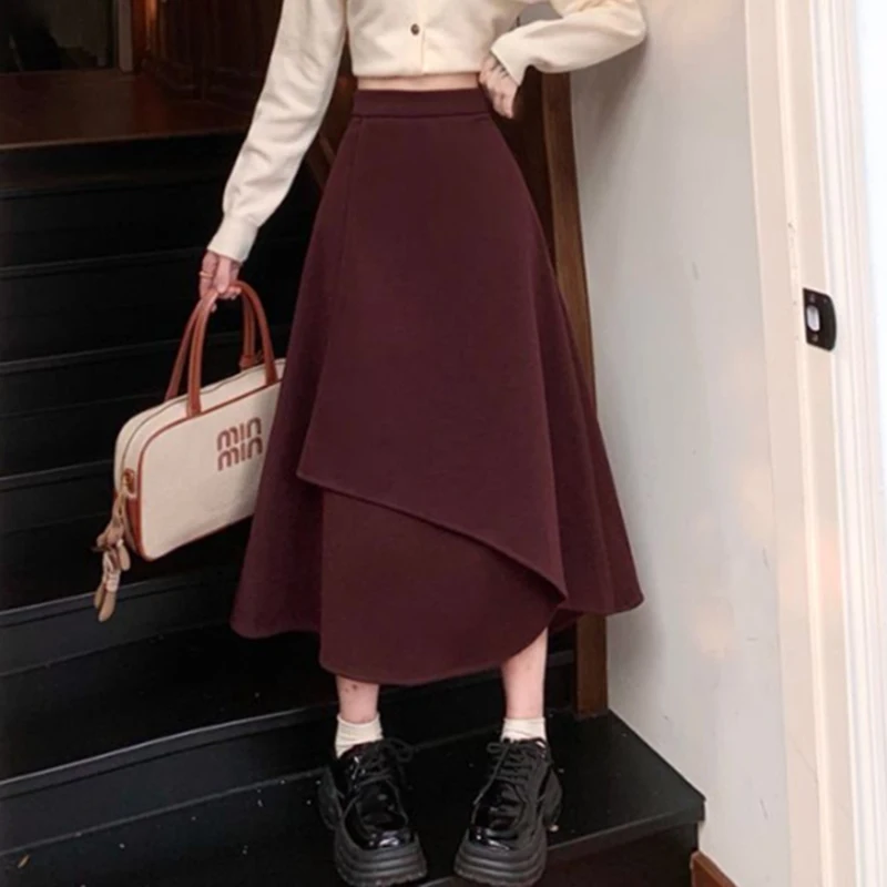 Irregular Tweed Skirt Women High-Waisted A-Line Tierred Solid Vintage Pretty Style Dress Fashion Fall Winter Elegant Lady Skirt