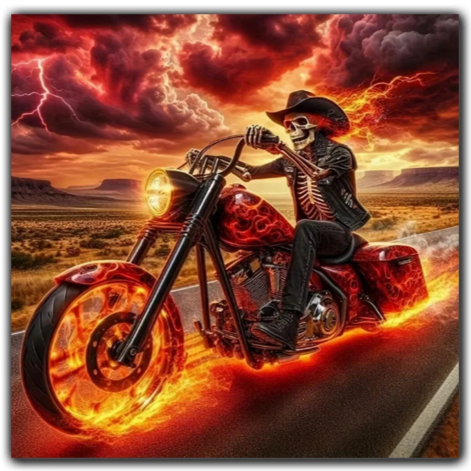 5D Diamond Painting Skeleton Cowboy Flaming Motorcycle Full Drill DIY Diamond Art Kits Gothic Biker Mosaic Embroidery Home Decor