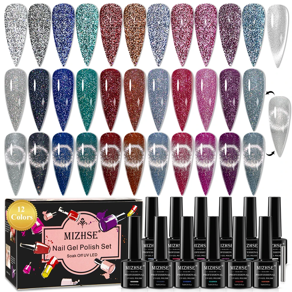 MIZHSE Holographic สะท้อนแสงเจลเล็บ 12PCS ชุดประกาย Glitter GEL สําหรับเล็บ Art Soak Off UV LED ชุดเจล