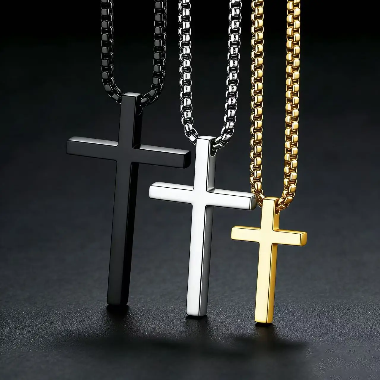 HNSP Minimalistische massive Kreuz-Halskette aus 316L-Edelstahl, wasserdichter Kreuzanhänger für Männer und Frauen, Schwarz, Silber, Gold – Detail 1