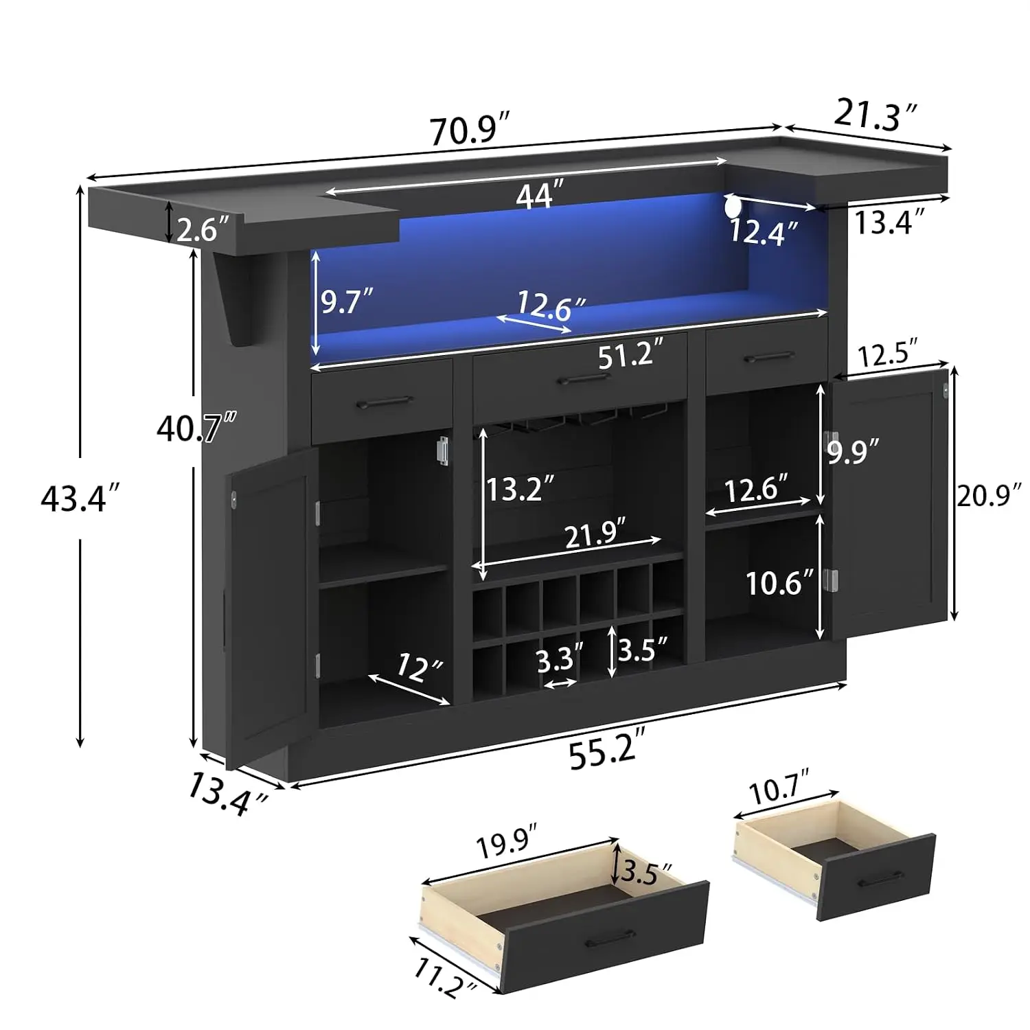 71-in Bar Cabinet with LED & 3 Drawers, Liquor Wine Bar for Home Pub with Adjustable Shelves & Stemware Holders