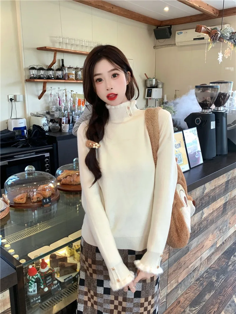 

Thiened Long Sve High Collar Color Autumn Winter Women's Base irt Inteated Fce Inner Wear Commute Sle