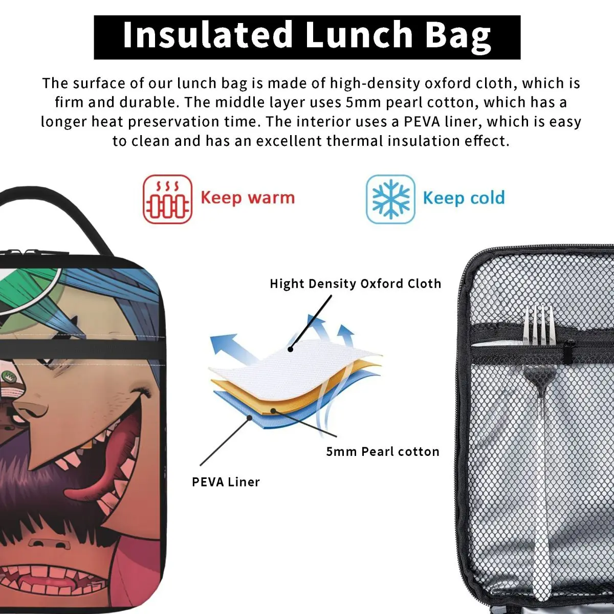 Gorillazs Borsa per il pranzo Scatola per il pranzo portatile Borsa termica con stampa da lavoro Borse per il pranzo termiche impermeabili carine