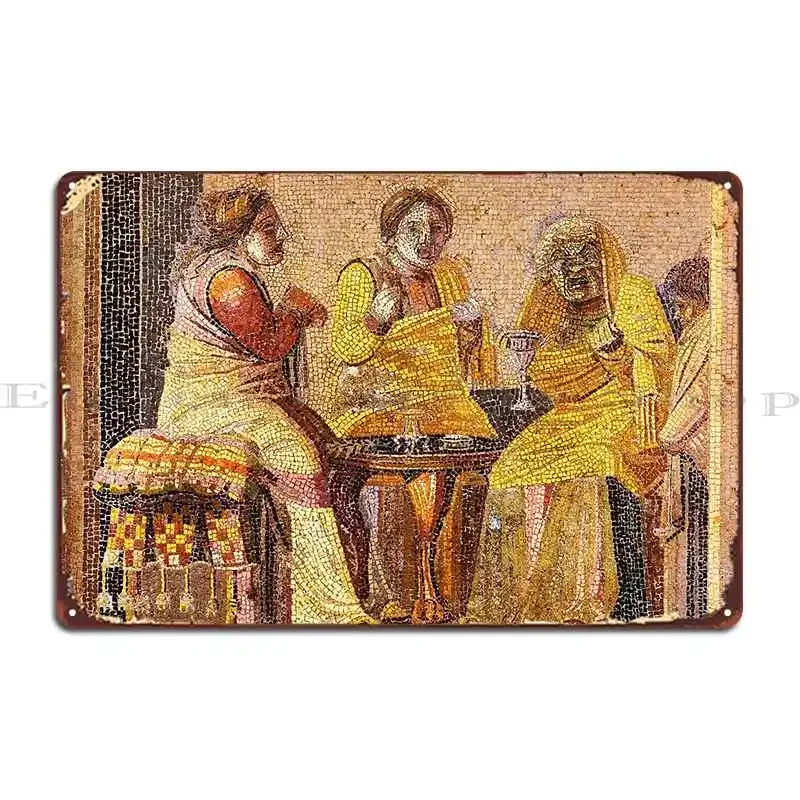 Mosaicos romanos antiguos, escena de teatro de comedia griega, tres mujeres con máscaras, placa de Metal, diseño de diseñador, cueva de pared, cartel de estaño
