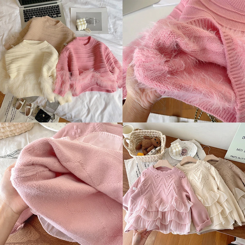 

Baby Girls Autumn Winter Thickened Warm Knitted Sweater Children Fluffy Pullover Tops Kids Solid Knitwear Cute Princess Costumes