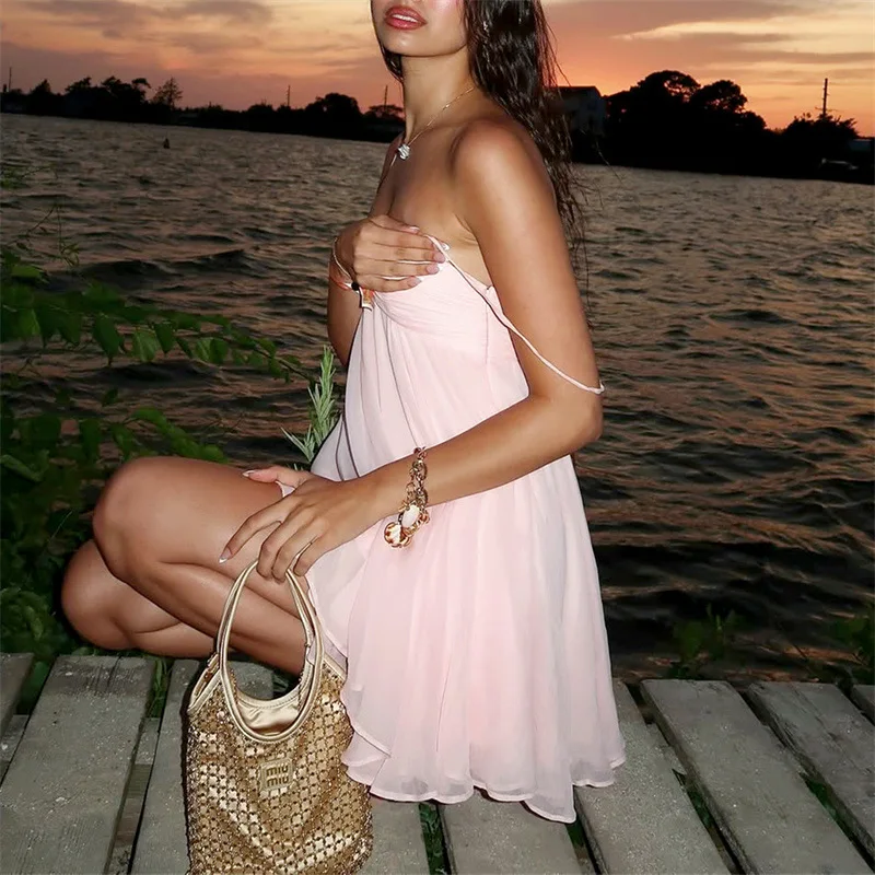 Zomer Mode Sexy Mini Roze Jurk Vrouwen Silm Off Schouder Camis Korte Jurken Gyaru Solid Shirt Coquette Casual Y2k kleding