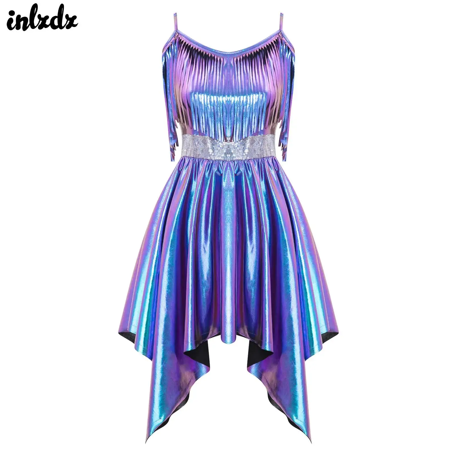 Damen Fransen-Pailletten-Kleid in Schillerndem Metallic-Look, 80er Disco Mini-Kleid mit Unregelmäßigem Saum, Trägerkleid für Nachtclub und Tanzveranstaltungen