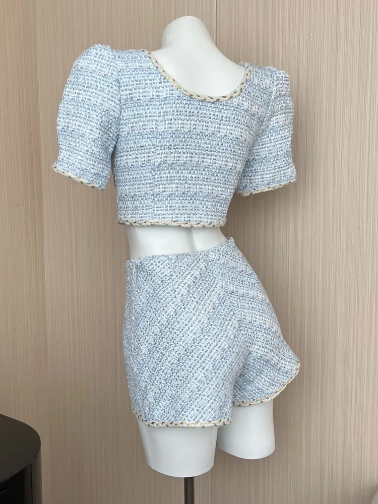 Elegant Chic Vintage Tweed Sets Women Outfits Puff Sleeve Double Breasted Cropped Tops + Asymmetrical Mini Skirt Two Piece Suits