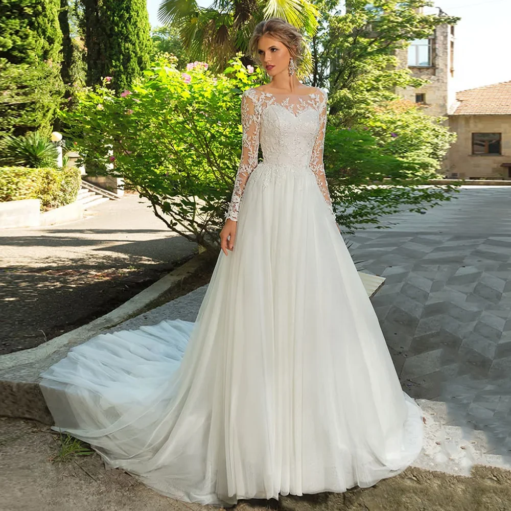 

Flavinke Customized Elegant A Line Women's Wedding Dresses Exquisite Appliques Lace Up Bride Gowns Long Sleeve Vestidos De Novia