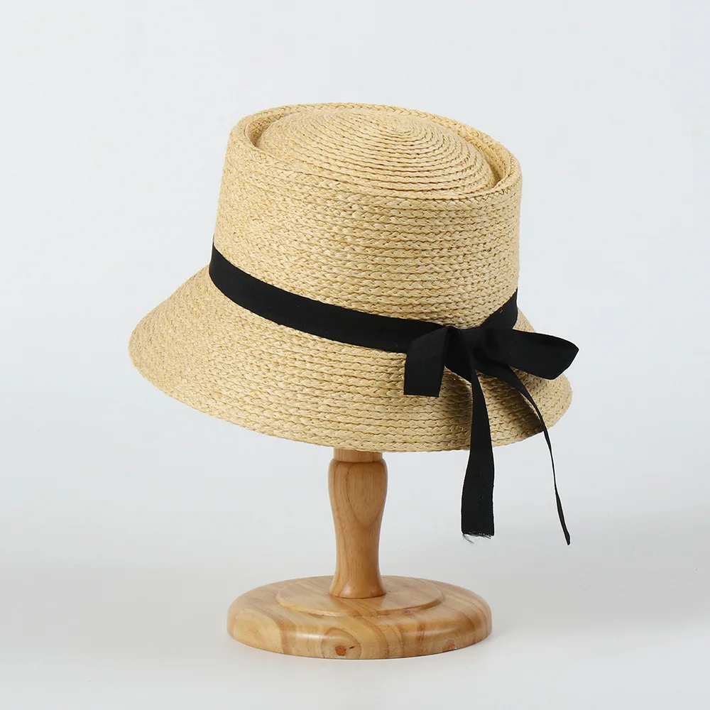 Summer Fashion Fisherman Hat with Bowknot, Faux Raffia Straw Sun Cap, Concave Top Sun Protection Hat
