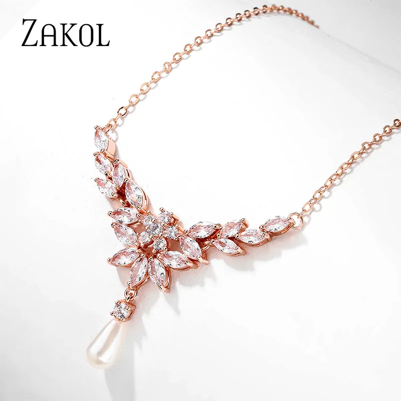 ZAKOL Luxury Leaf Cubic Zirconia Necklaces Shiny CZ Pearl Bridal Wedding Chains Choker Jewelry for Women NP1019