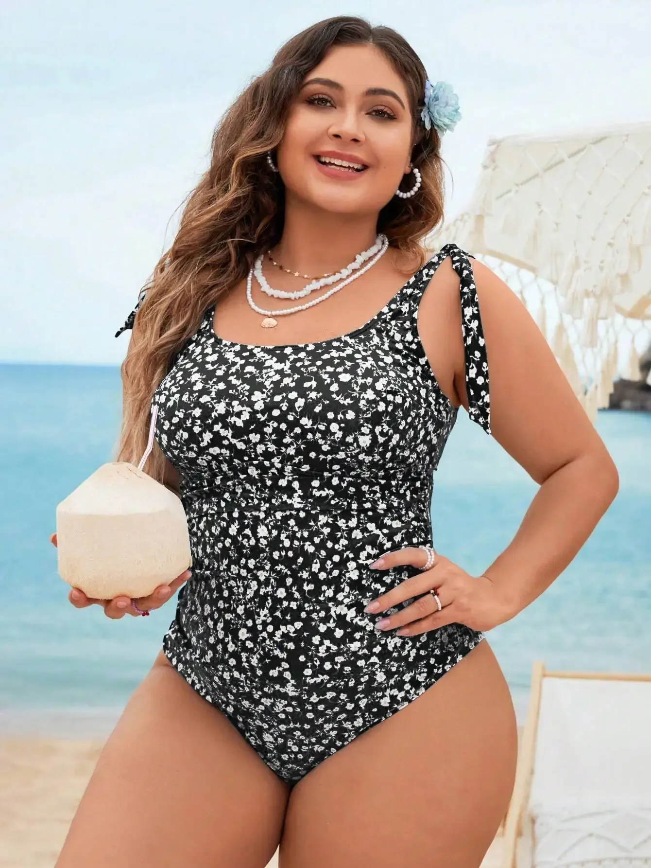 Plus Size Ditsy Floral Tie Shoulder One Piece Swimsuit
