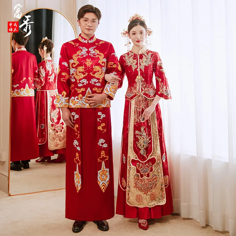 

Chinese Style Wedding Dress Cheongsam Phoenix Embroidery Marriage Suit Oriental Bride Bridegroom Clothing Vintage Qipao