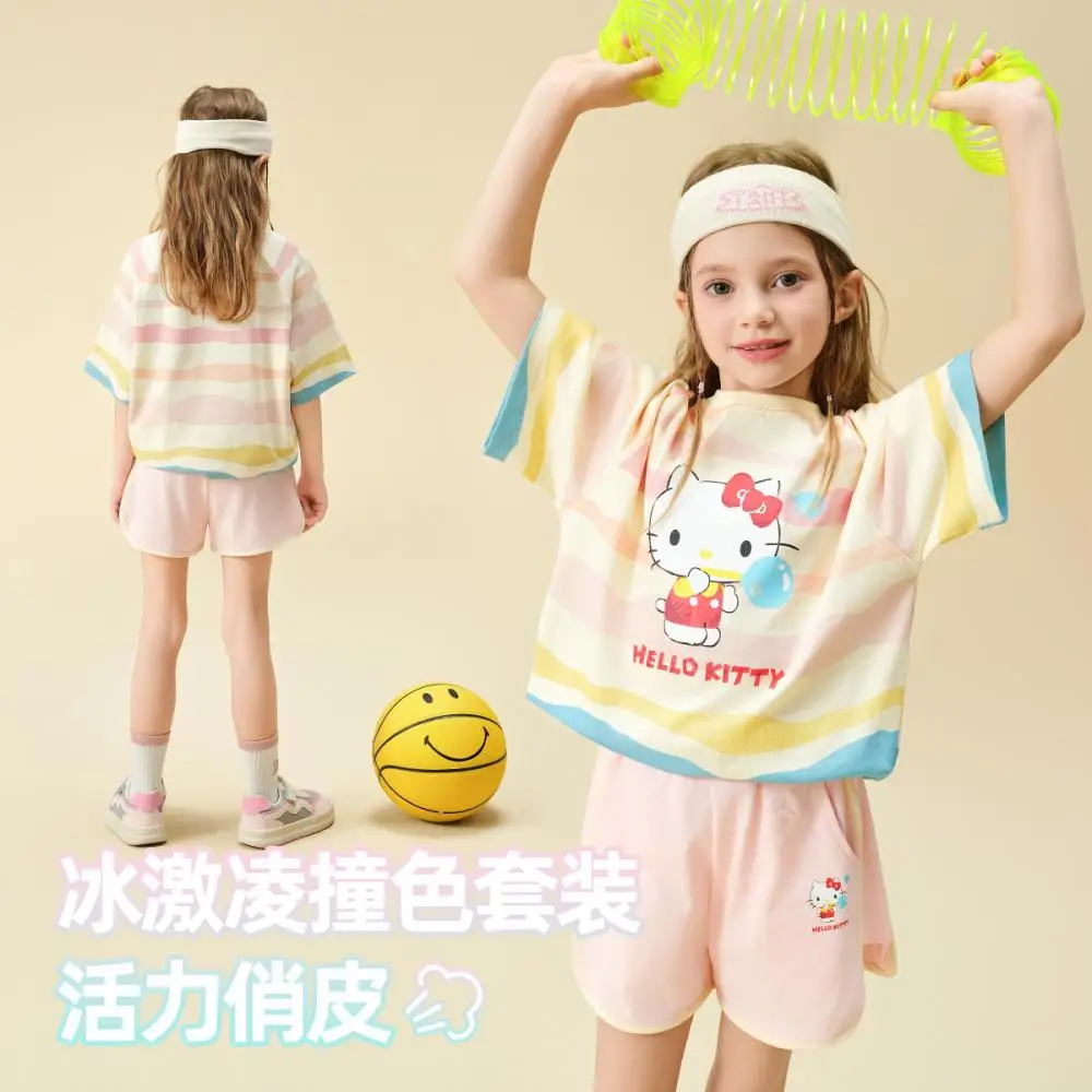 

Sanrio Hello Kitty Girls 2025 Summer Fashionvitality Contrast Stripe Two-Piece Set Rainbow Sweet Sporty Style Long Style T-Skirt