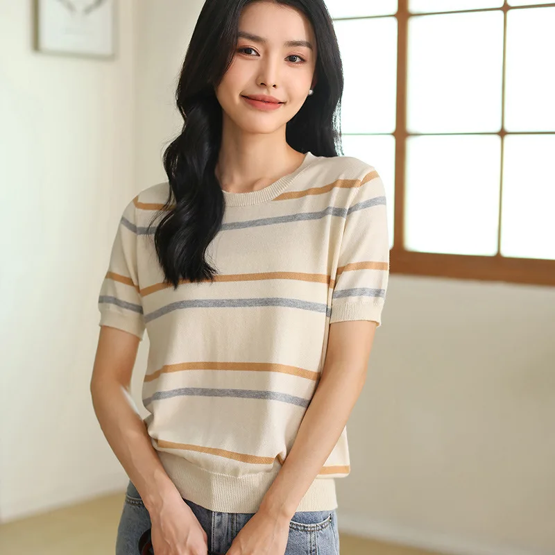 

2024 New Year Cotton Sweater Women's Short Sleeve Round Neck Loose Striped Color Matching Half Sleeve T Summer T-shirt Plus Size
