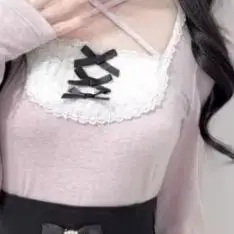 

Kimutomo Women T Shirts Lace Patchwork Long Sleeve Autumn Winter Fashion Bow Y2k Harajuku Lolita Style Tops Ladies Sweet