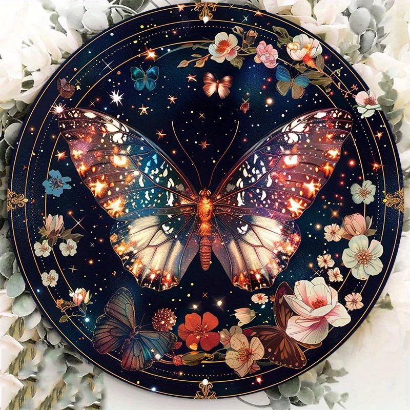 

Aluminum Metal Sign: A Stunning Butterfly with Flowers and Stars, Encased in An Ornate Circle Perfect for Home Decor 8in/11.8in