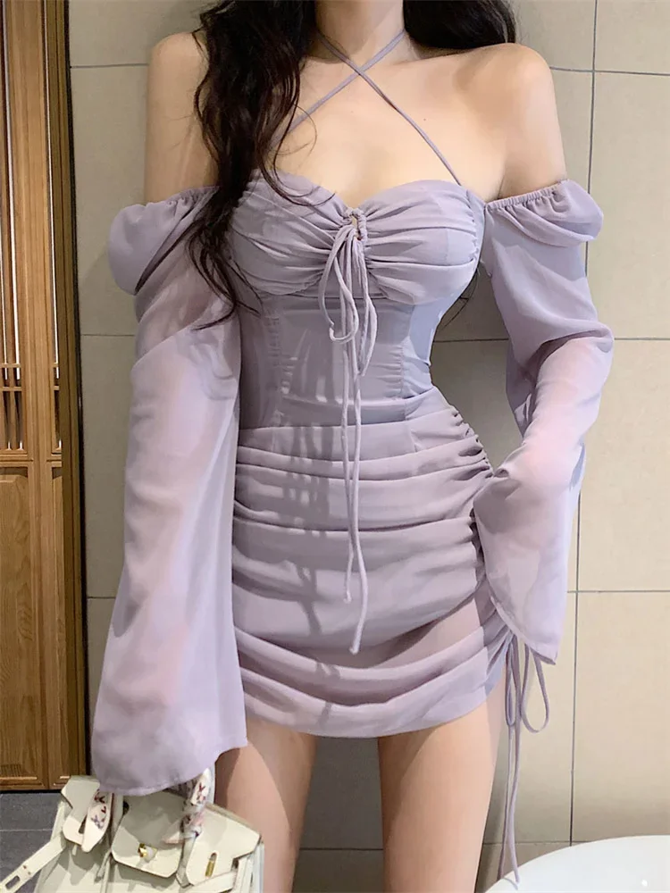 Sexy Halter Chiffon Dress Women 2024 Summer Lace Up Drawstring Bodycon Short Dress Fashion Long Sleeves Lilac Mini Party Dress