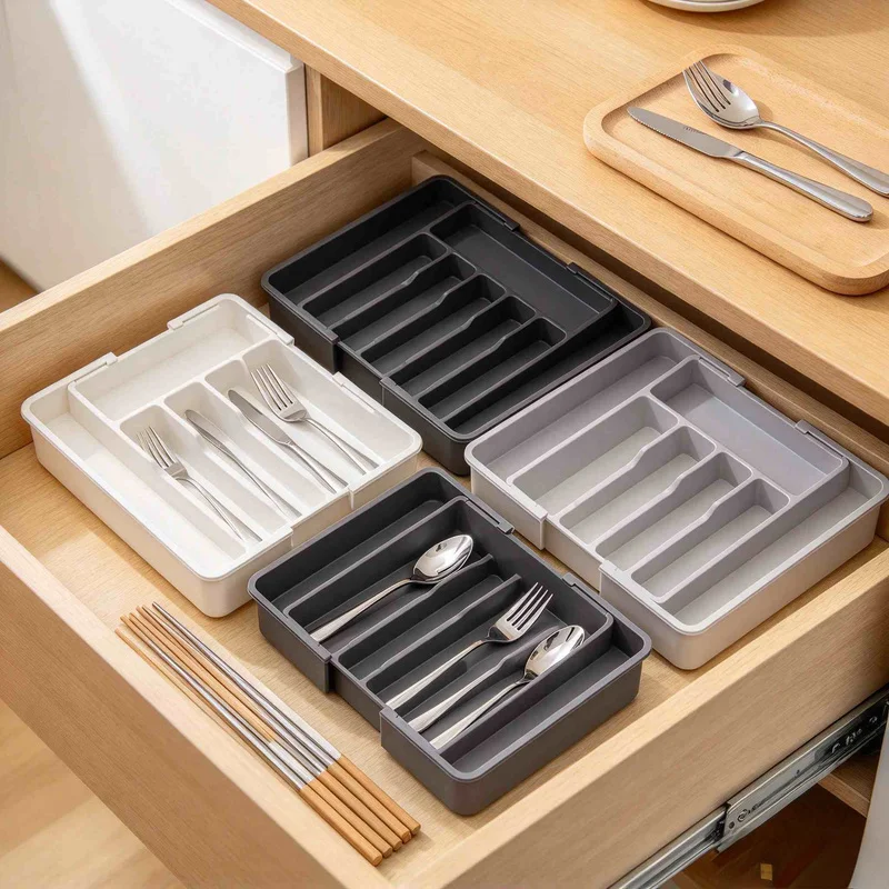 Adjustable Expandable Plastic Utensil Tray Silverware Drawer Organizer Spoon Fork Knife Tableware Storage Box