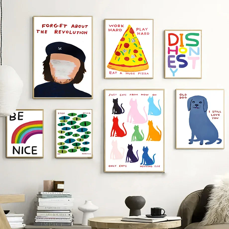 David Shrigley Man Pizza Lamp Dog Cat Rainbow Wall Art Print Nordic Poster Living Room Decorative Wall Canvas Painting