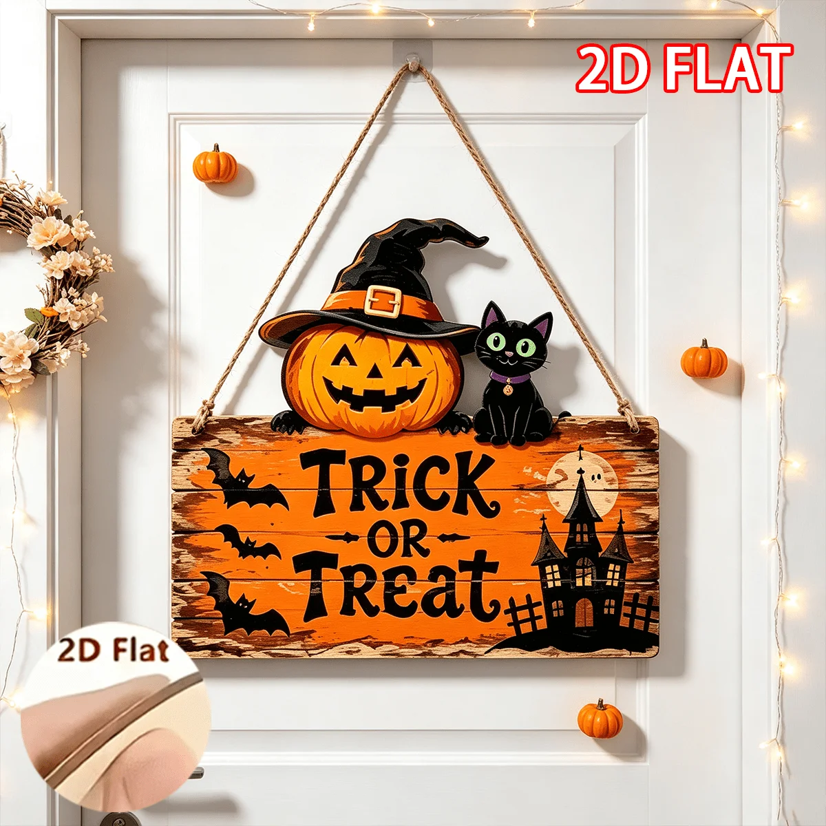Halloween Wooden Hanging Sign, Trick Or Treat Pumpkin Black Cat Witch Hat Plaque, 2D Flat Wood Door Hanger, Haunted House Bat Wa